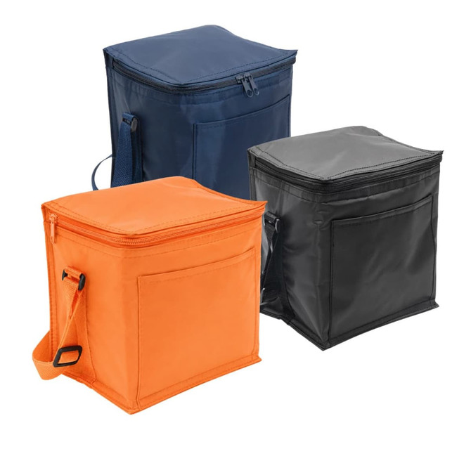 A small cooler bag in navy, orange, and black, featuring a front pocket and a carry handle.