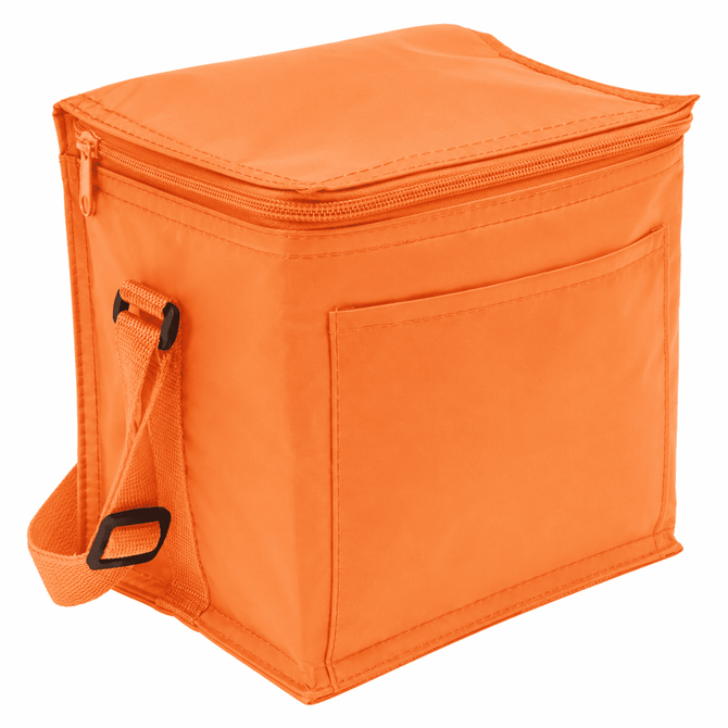 An orange cooler bag with a zippered top, featuring a front pocket and an adjustable strap.