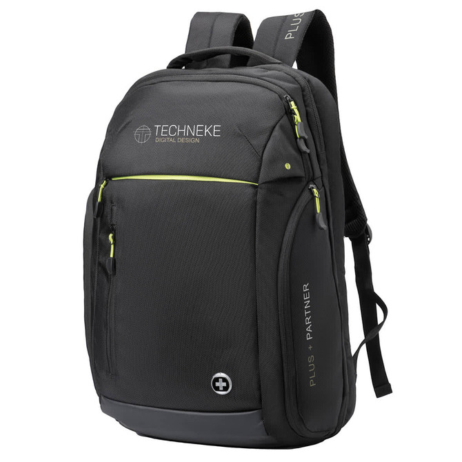 A black backpack with lime green accents, featuring multiple compartments and a logo on the front.