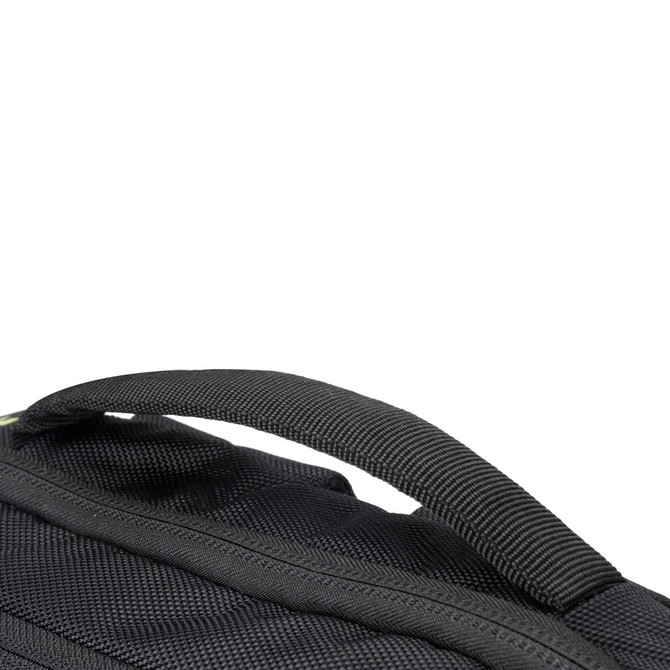A black backpack with a sturdy handle, featuring textured fabric and a logo.