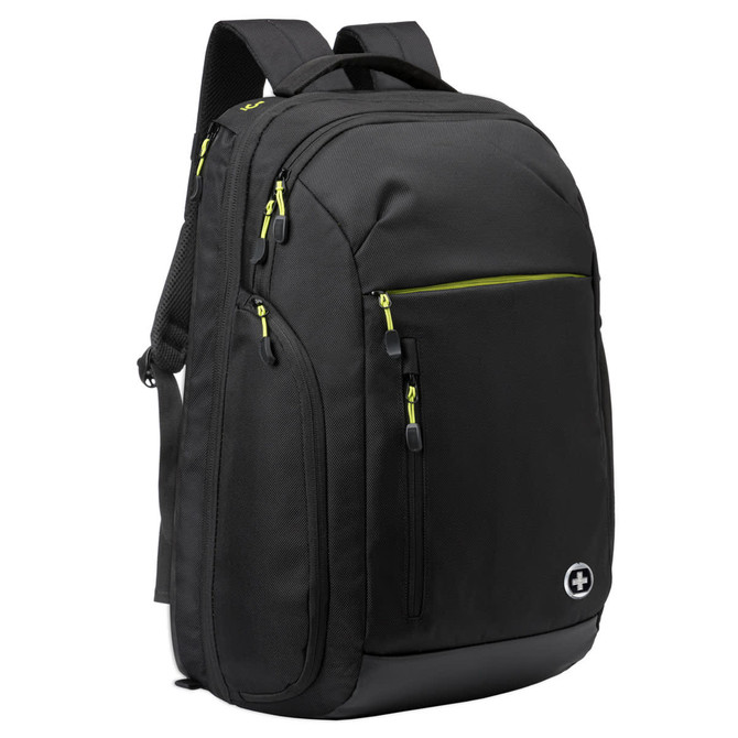 A black backpack with green zipper accents, featuring multiple compartments and a logo.