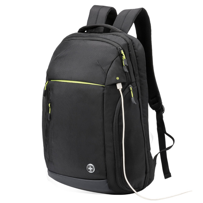 A black backpack featuring bright green zippers, multiple compartments, and padded shoulder straps. It has a logo on the front.