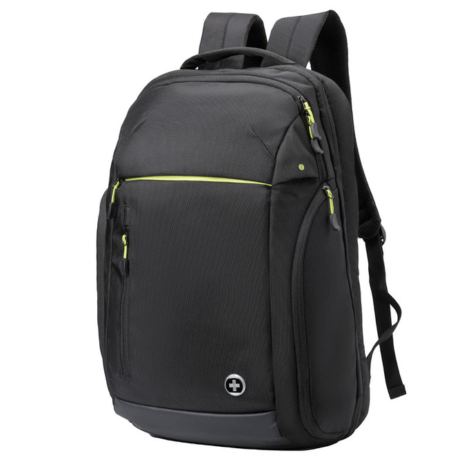 A black backpack with green accents and multiple compartments, featuring adjustable straps and a logo.