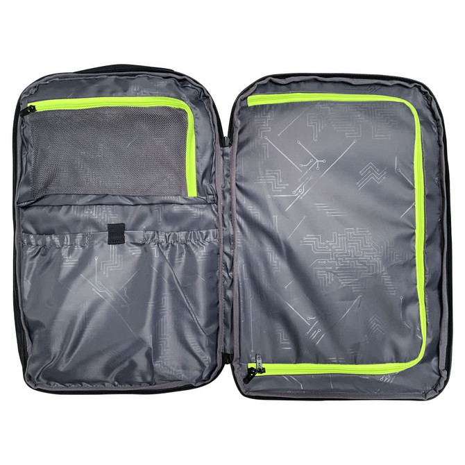 A black backpack with a grey and neon green interior, featuring multiple compartments and a mesh pocket.