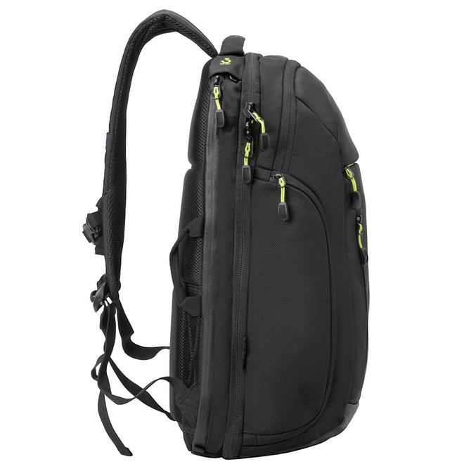 A black backpack with green accents, featuring multiple zippered compartments and adjustable straps.
