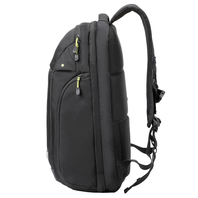 A black Swiss Digital Java Backpack featuring adjustable straps and a logo. The design includes mesh panels for ventilation.