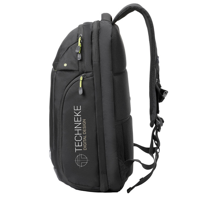 A black backpack with contrasting zippers, featuring a logo and padded straps for comfort.