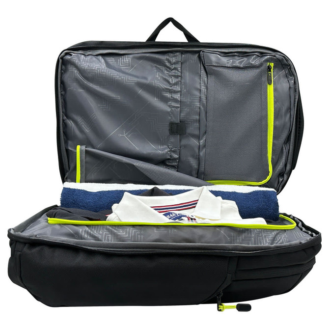 A Swiss Digital Java backpack in black with grey interior, featuring compartments for clothing and accessories.