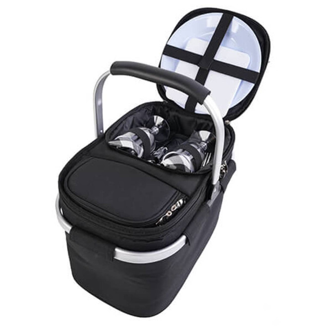 A black cooler bag with a zippered lid, featuring a silver handle and compartments for storing drink bottles.