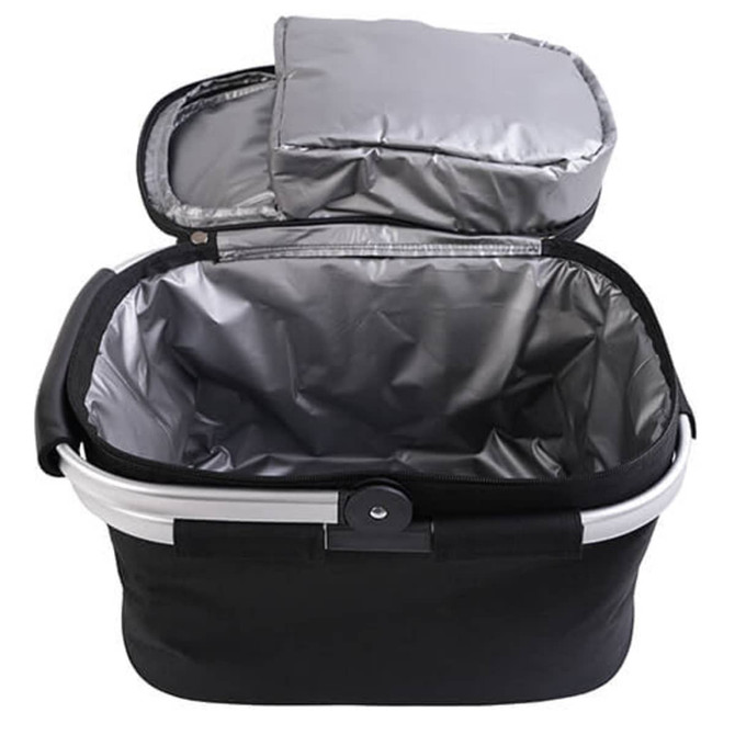 A black picnic basket cooler featuring a spacious interior and a grey lining. Includes an additional top compartment.