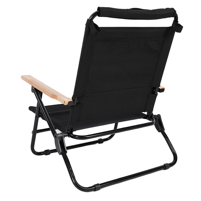 A black beach chair with a wooden armrest, featuring a folding design and a sturdy frame.