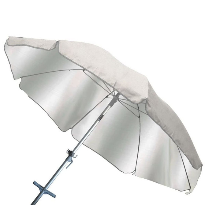 A large silver beach umbrella with a metal pole and adjustable height, featuring eight segments and a sturdy base.