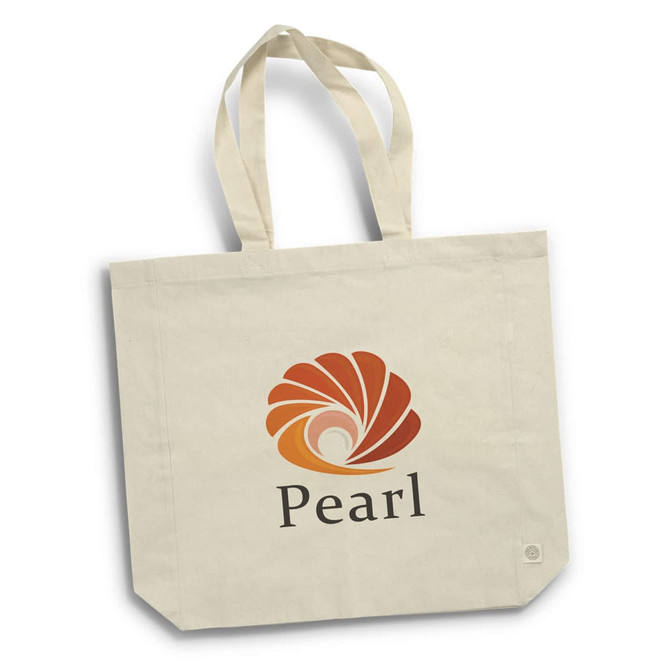A cream tote bag featuring a logo with a stylised shell design and the word "Pearl" underneath.