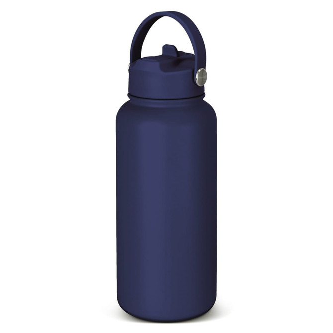 A drink bottle in dark navy blue with a handle and a secure lid. It features a simple design and has a logo.