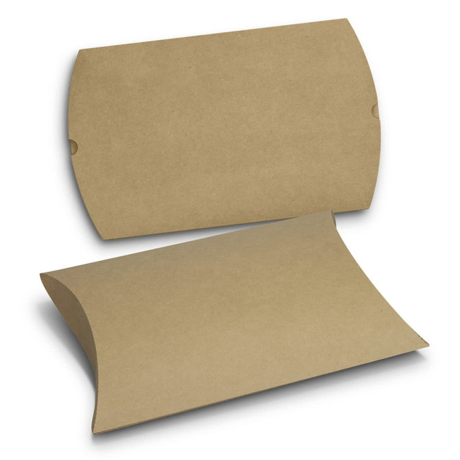 A large, natural brown pillow box with a curved shape, featuring folds and a logo.