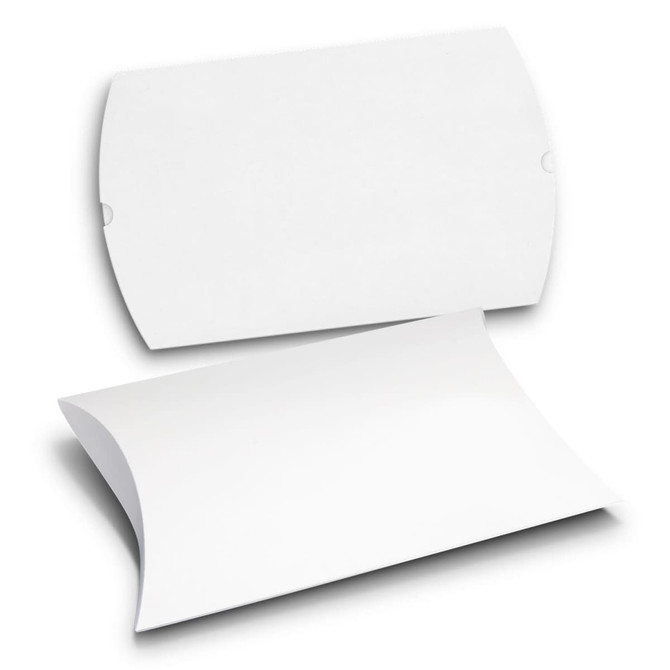A large white pillow box with a curved design, featuring a logo on one side.