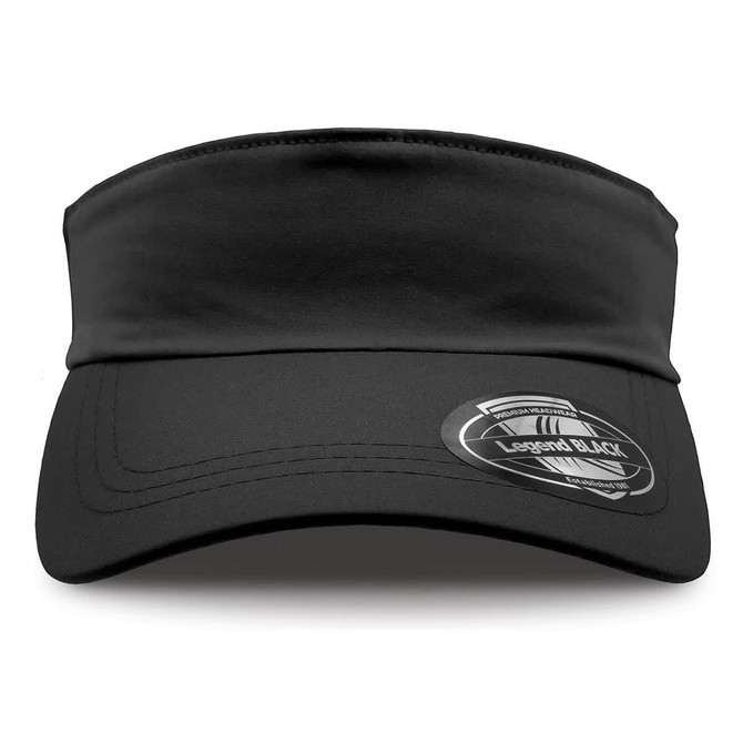 A black visor with a wide brim and a logo on the side, designed for headwear.