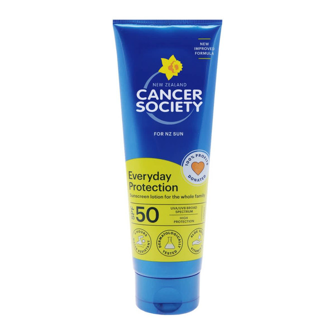 A tube of sunscreen with a blue and yellow design, featuring a logo and labelled for everyday protection.