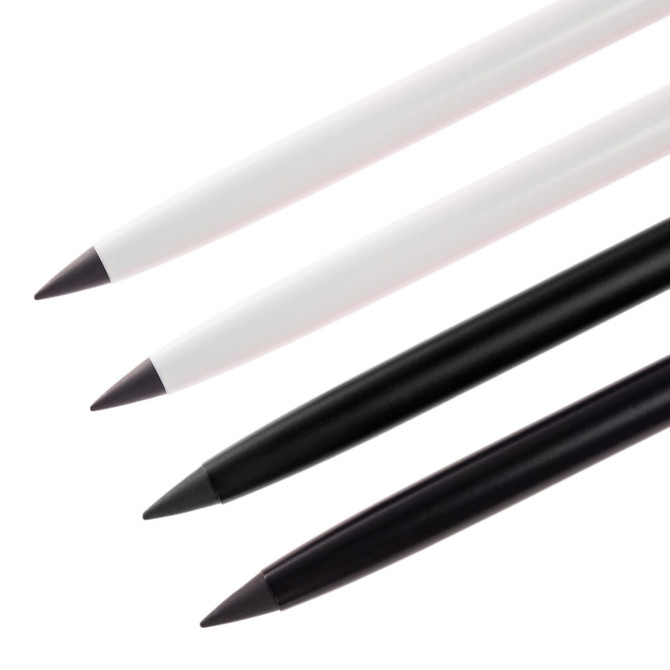 A set of four inkless pens in black, white, and metallic colours, featuring a smooth, minimalist design with pointed tips.