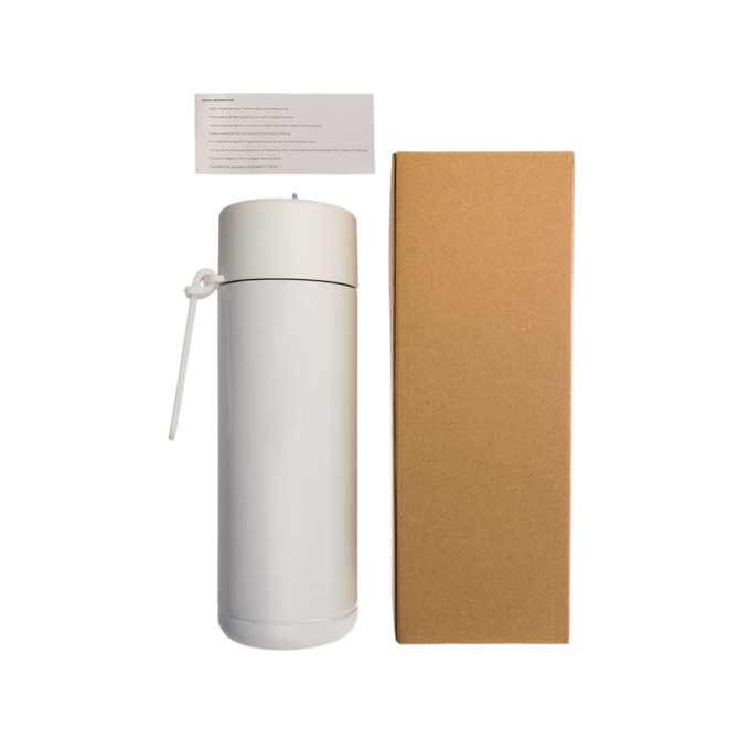 A drink bottle in white with a lid, alongside a plain brown box and a small card. Branding is present on the bottle.
