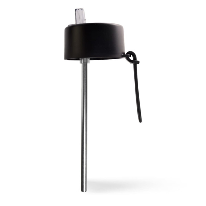 A drink bottle with a sleek black lid and a stainless steel straw, featuring a logo on the lid.
