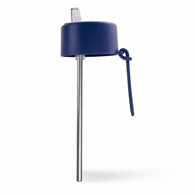A drink bottle lid with a blue cap and a stainless steel straw, featuring a tether for attachment.