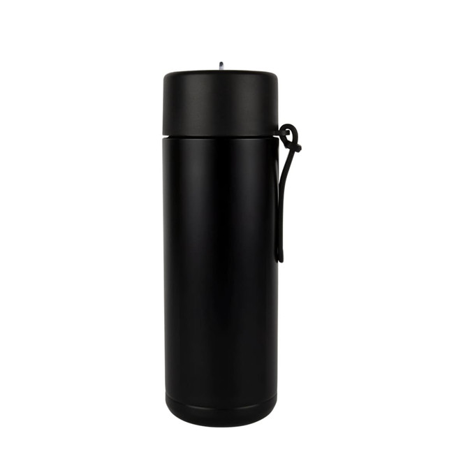 A drink bottle made of steel in matte black, featuring a secure lid and a handy carrying strap.