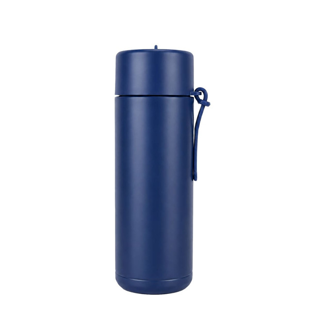 A drink bottle in a navy blue finish, featuring a cap and a carrying strap, with a logo visible.