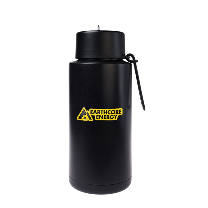 A drink bottle in sleek black with a prominent logo, featuring a screw top and a convenient handle.