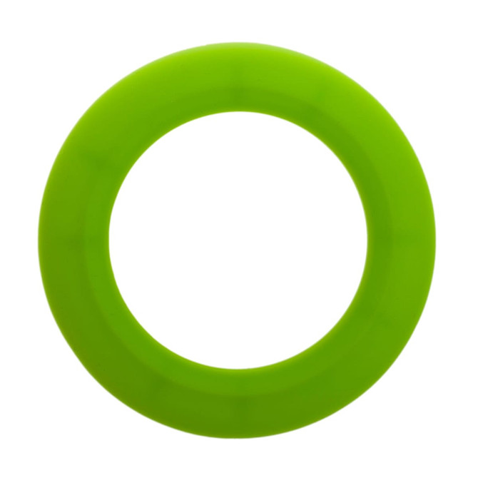 A green silicone flyer shaped like a disc, suitable for outdoor fun and games. It features a logo.