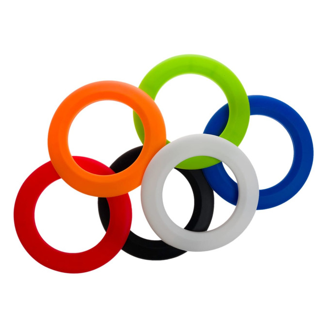 A set of six silicone flying discs in red, orange, green, blue, black, and white, featuring a logo.