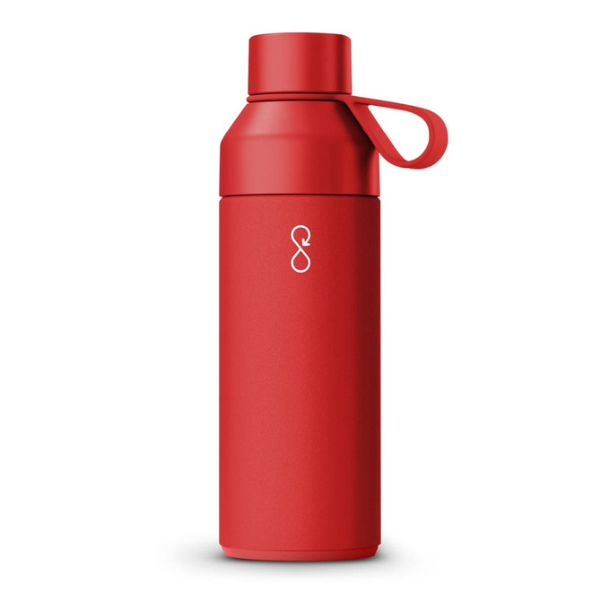 A drink bottle in a bright red colour with a sleek design and a cap, featuring a logo on the front.