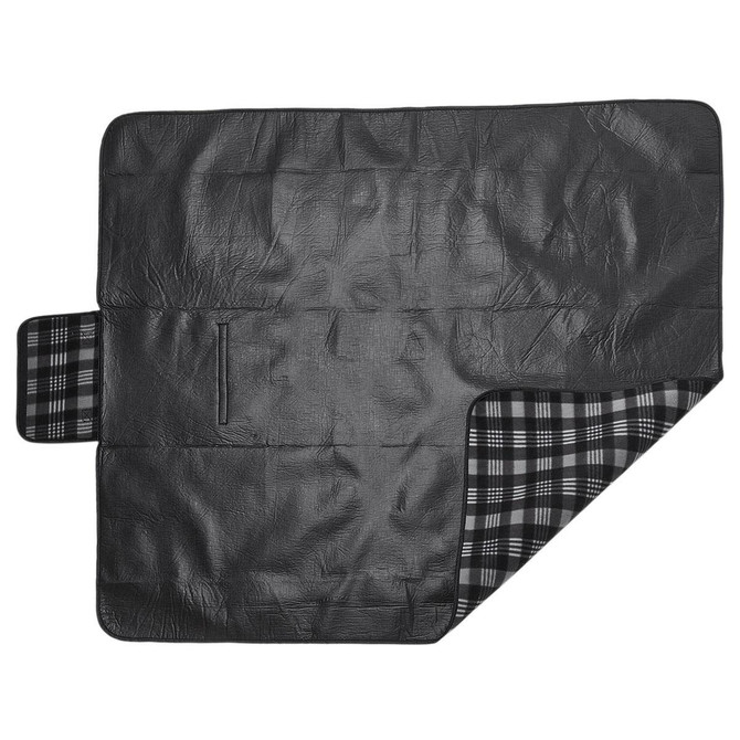 A black picnic blanket with a checkered pattern on one side and a smooth black surface on the other, featuring a logo.