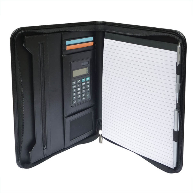 A black compendium featuring a calculator, notepad, pen holders, and multiple card slots.