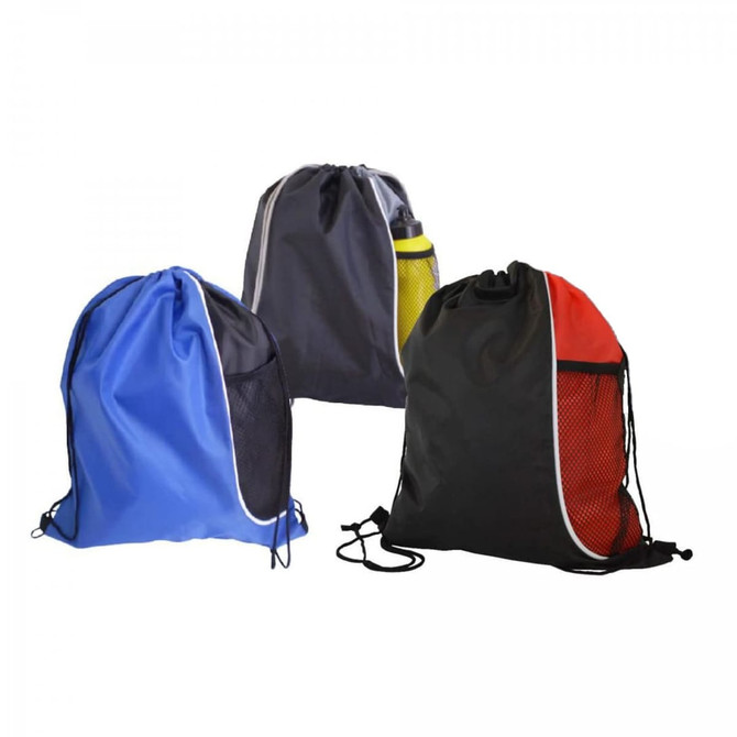 A set of three drawstring bags in blue, black, and red, featuring mesh side pockets and a logo.