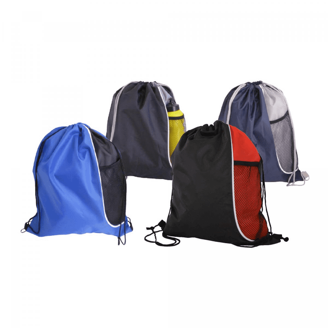 Four drawstring bags in blue, black, red, and grey, featuring mesh sides and a logo on one bag.