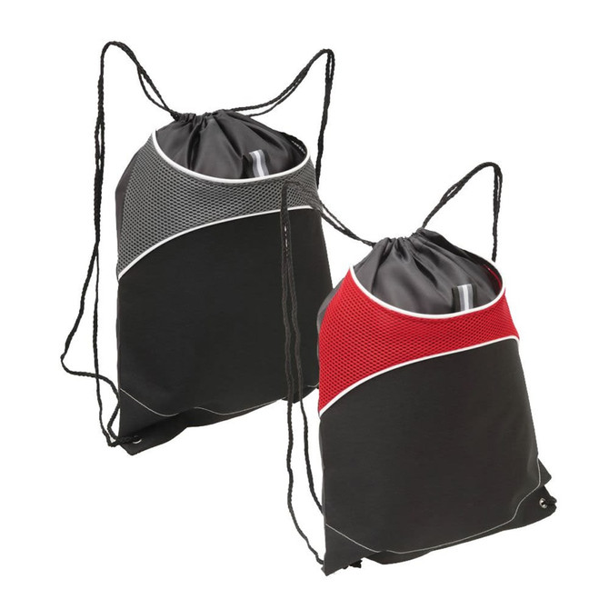 A drawstring bag in black with grey and red mesh accents, featuring a logo on the front.