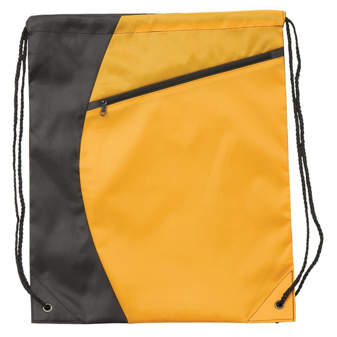 A drawstring bag in yellow and black with a zippered pocket and black cords for carrying.