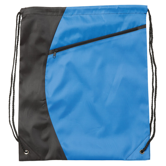 A blue and black drawstring bag featuring a zipped pocket and black straps. It has a logo on the front.