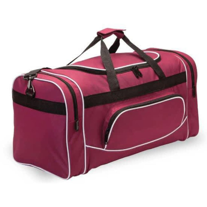 A maroon duffle bag with black straps and zippers, featuring a front pocket and a logo.