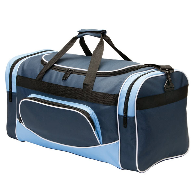 A navy and light blue duffle bag with a front pocket and black straps, featuring a logo.