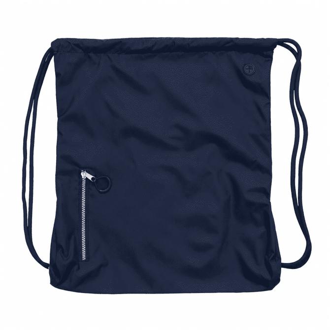 A navy drawstring bag with a zippered pocket and a logo. The bag has two adjustable straps for carrying.