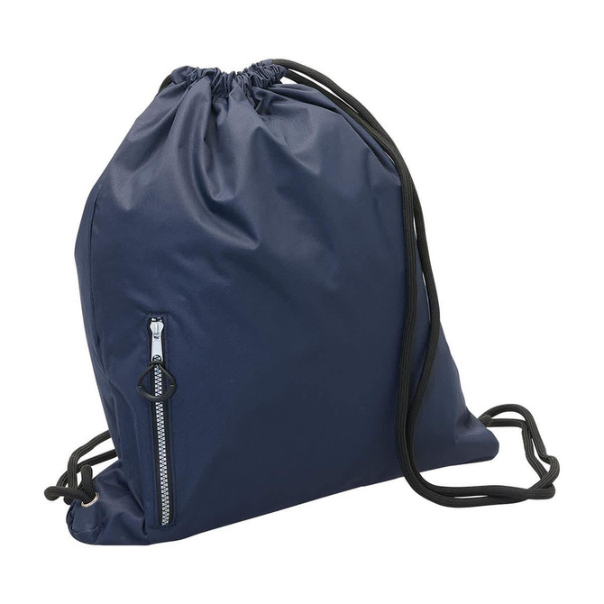 A navy drawstring bag with a zippered side pocket and black cords. It features a simple design and a logo.