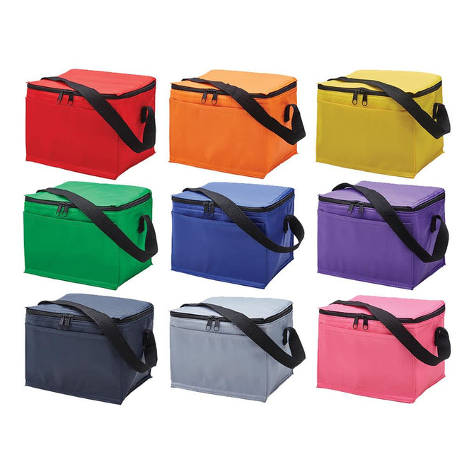 Nine cooler bags in various colours including orange, yellow, green, blue, purple, pink, grey, and black. Each has a strap and a logo.