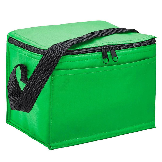 A green cooler bag with a zip closure and a black strap, designed for carrying refreshments.