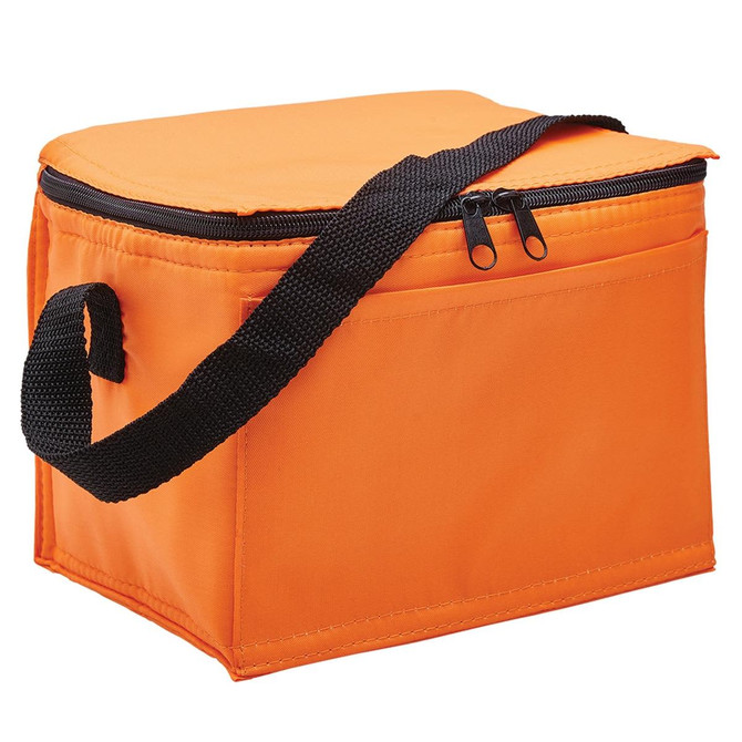 An orange cooler bag with a zip closure and a black shoulder strap. It features a side pocket and has a logo.