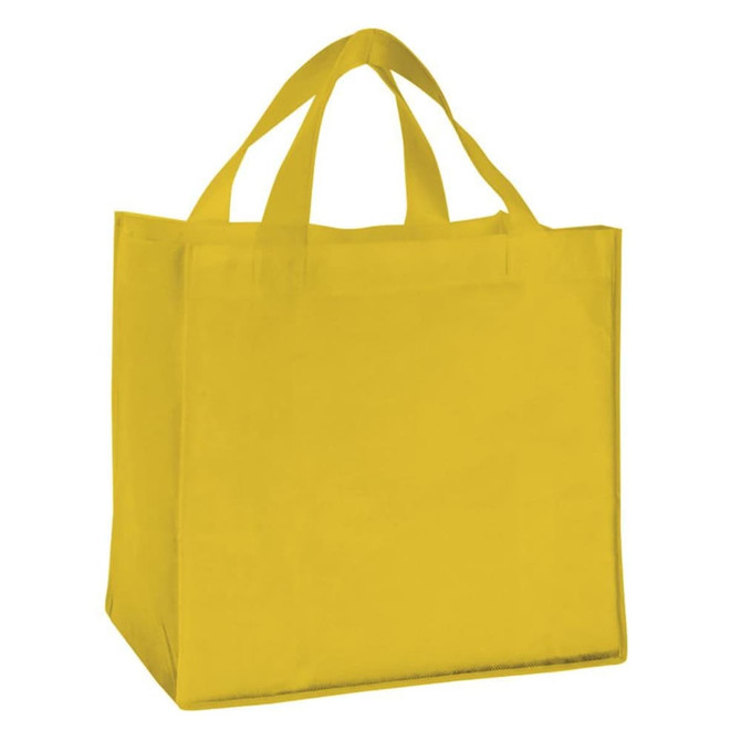 A yellow non-woven tote bag with two handles and a square base. It features a logo on the front.