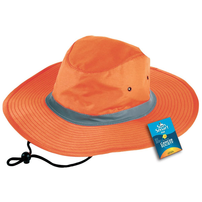 An orange brimmed safety hat with reflective band and adjustable chin strap, featuring a logo tag.