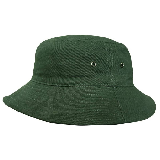 A green bucket hat with a wide brim and two ventilation eyelets on the sides.