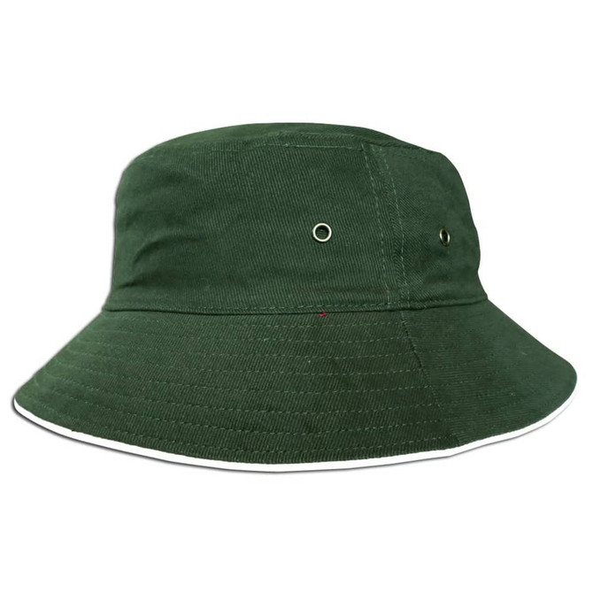 A green bucket hat featuring a wide brim, light trim, and ventilation holes on the sides. It includes a logo.